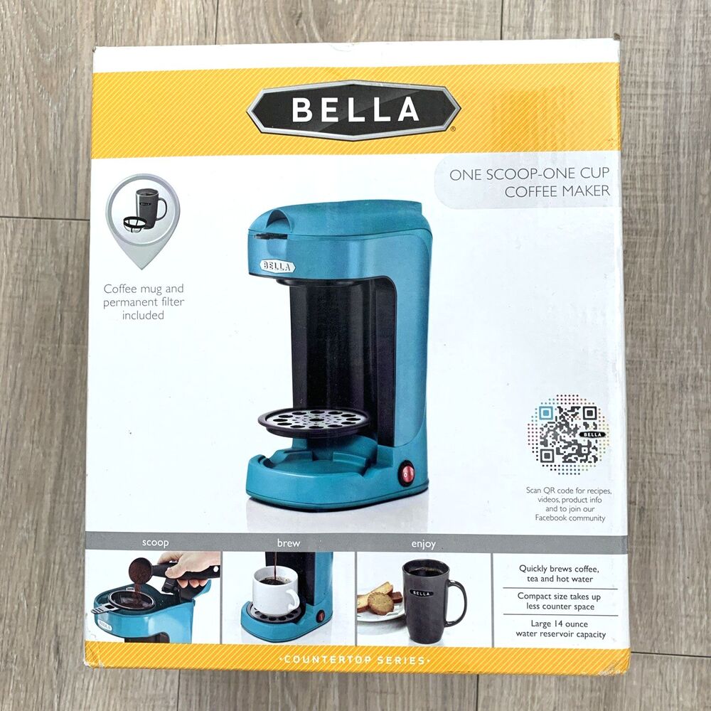 BELLA Single Serve Coffee Maker Brewer Tea Hot Water One Scoop Cup Blue